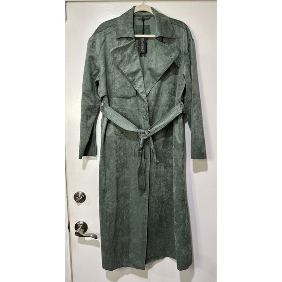 Blank NYC Free People Vegan Suede Trench Coat Size Medium NWT Olive Branch - Picture 2 of 14